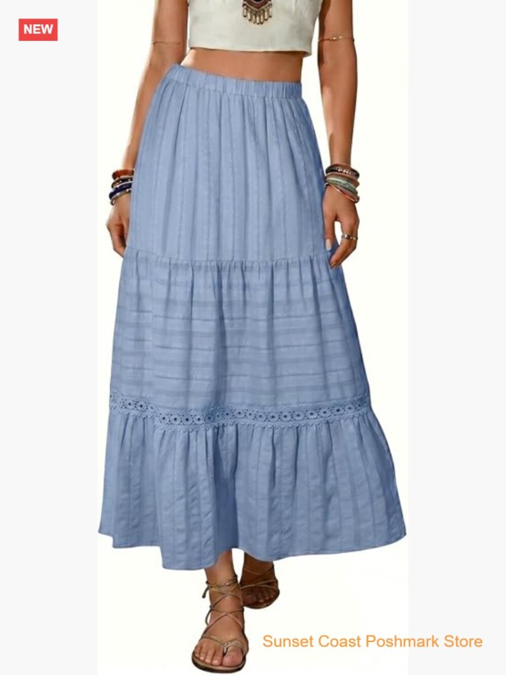 Long Boho Crochet Lace Tiered High Waisted Cotton A-Line Flowy Maxi Skirt